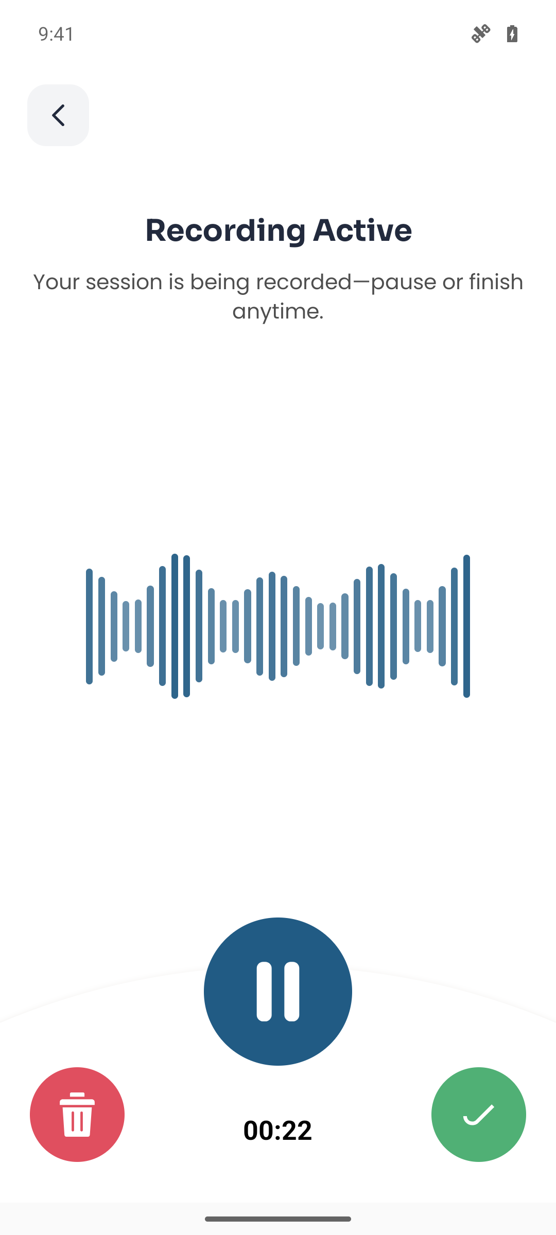 Actual Doctor Notes recording screen showing the pause button with a moving waveform and recording timer.