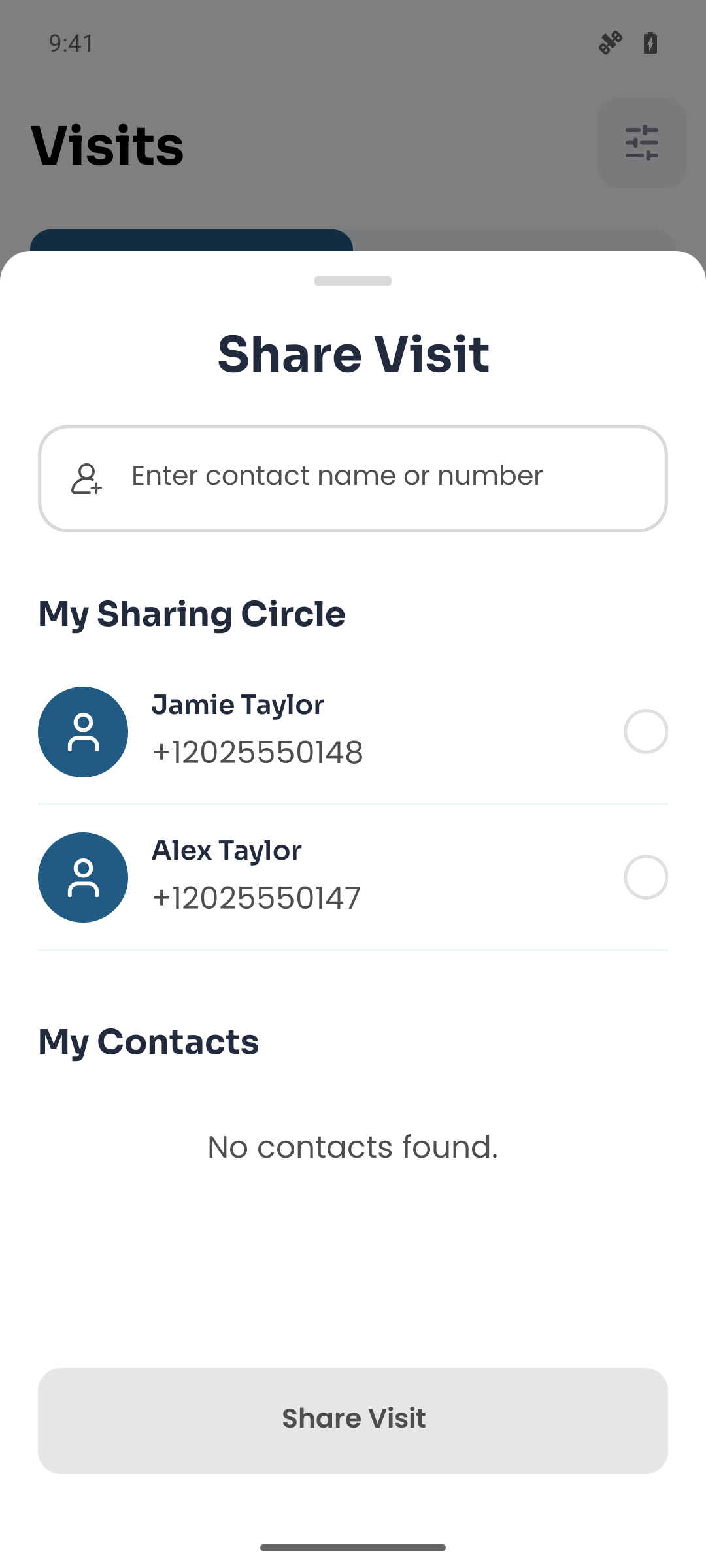 Actual Doctor Notes Share Visit picker showing fictional sharing-circle members Jamie and Alex Taylor.