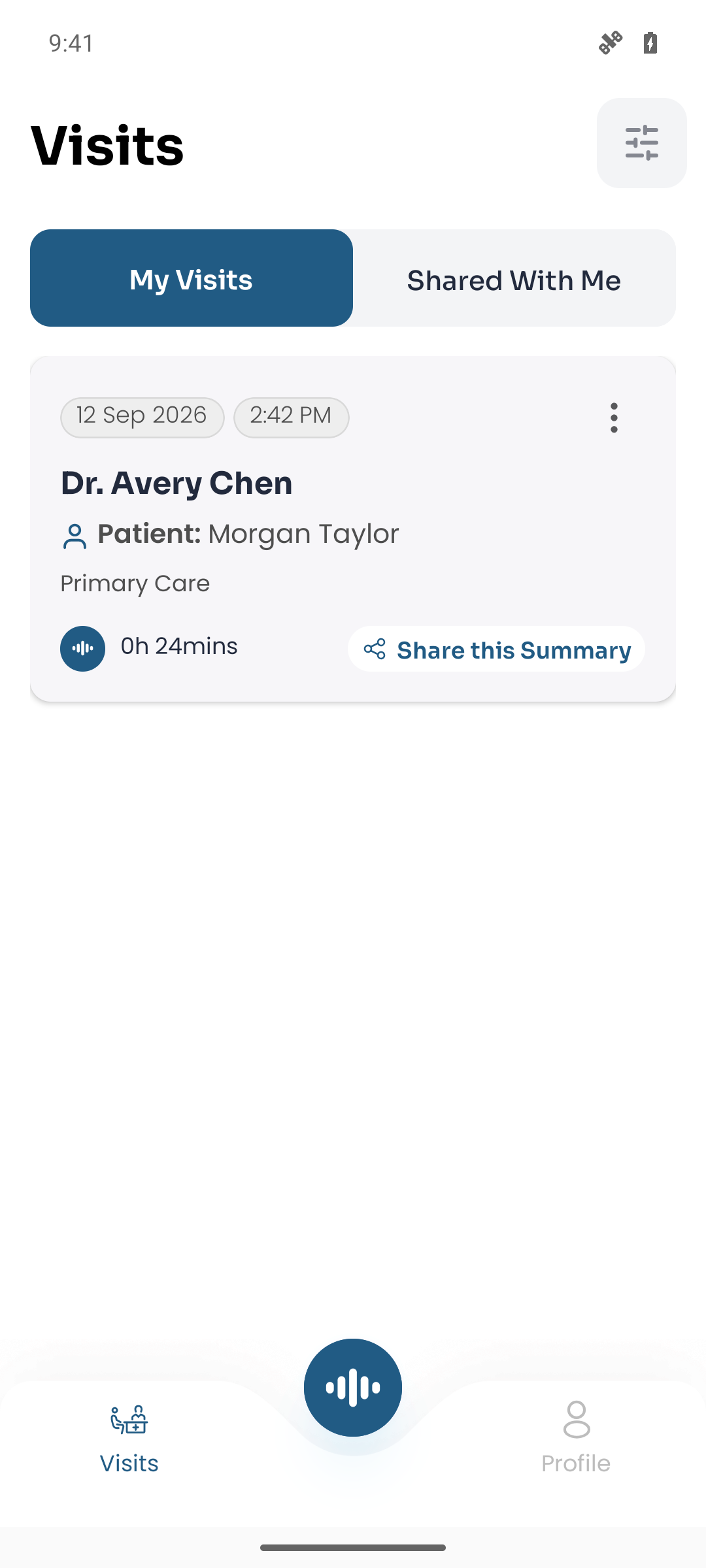 Doctor Notes Android Visits screen with a fictional primary care appointment for Morgan Taylor.